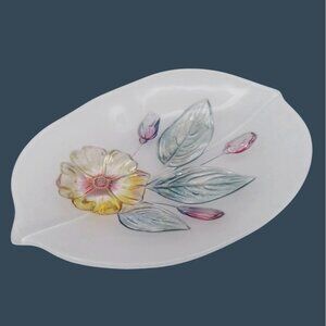 Vintage Mikasa Walther Frosted Glass Leaf Shaped Floral Serving Platter